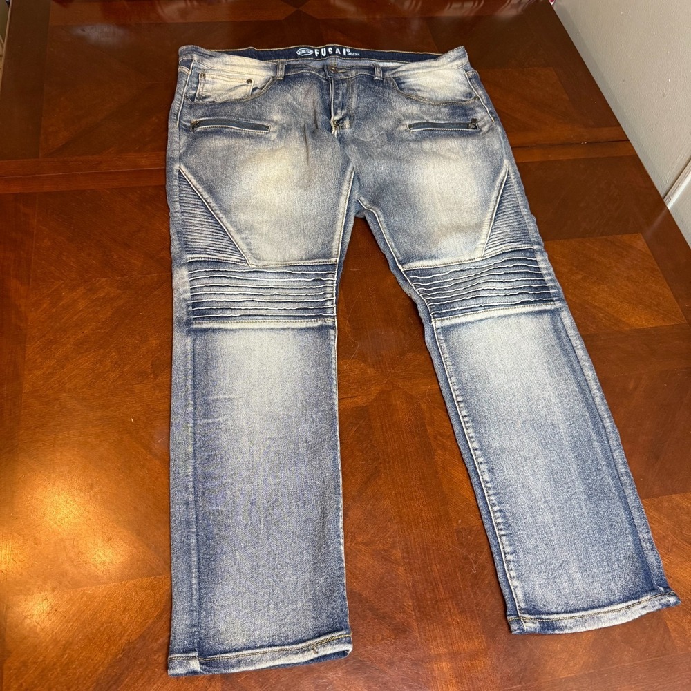 FUSAI Biker Moto Jeans Mens 38x32 Distressed Ribbed Knees Stretch Denim‎ grunge